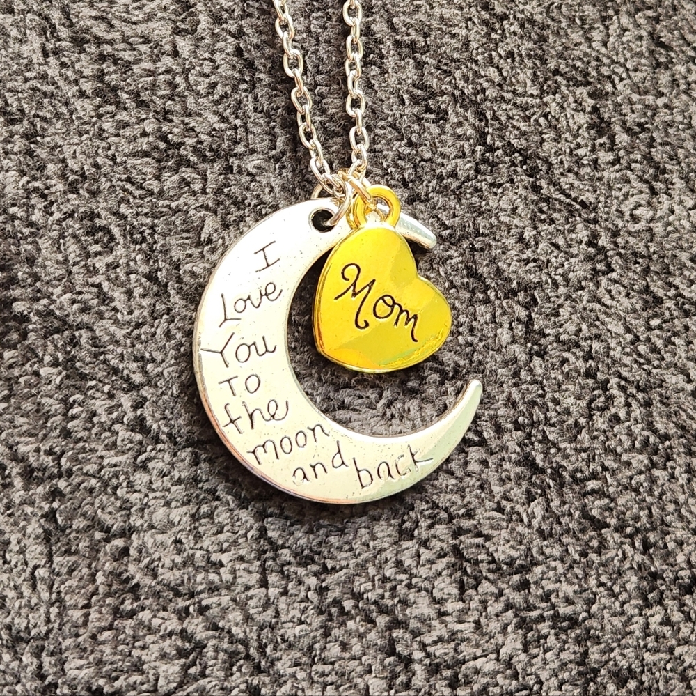 Gold and Silver 'Mom' Heart and Moon Pendant Necklace